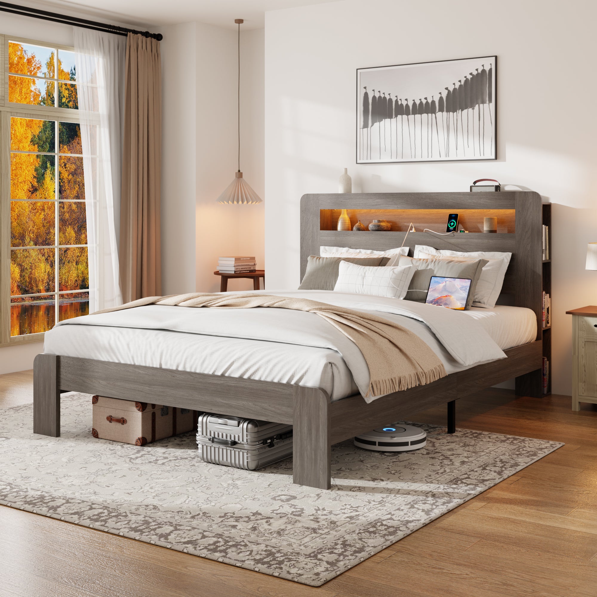 Bed Frame Queen Size, Wood Platform Bed Frame with Storage LED Light Headboard and 2 USB , Noise Free,No Box Spring Needed and Easy Assembly Tool,Large Under Bed Storage,Dark Gray