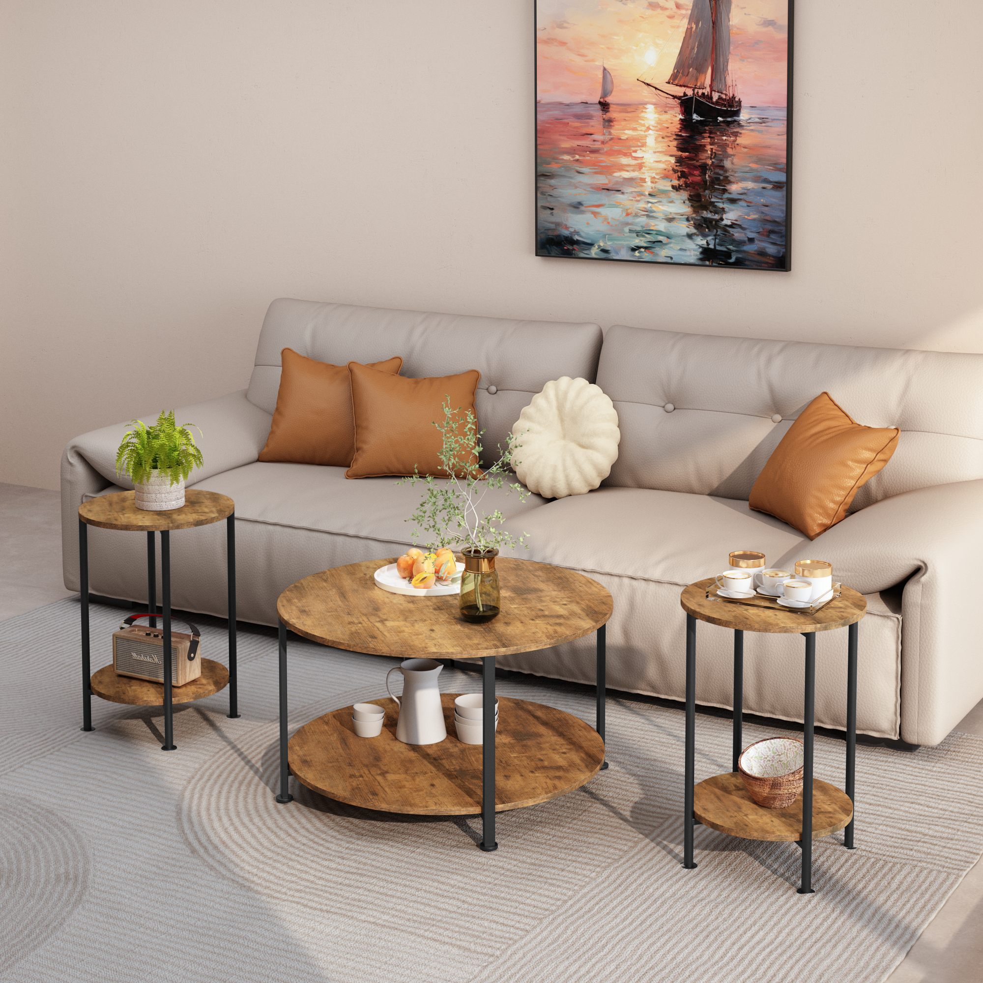 3-Piece Coffee Table and End Table Sets for Living Room, Round Coffee and End Table Set of 3 with Large Storage, Modern Farmhouse Furniture for Apartment Home (Rustic Brown)