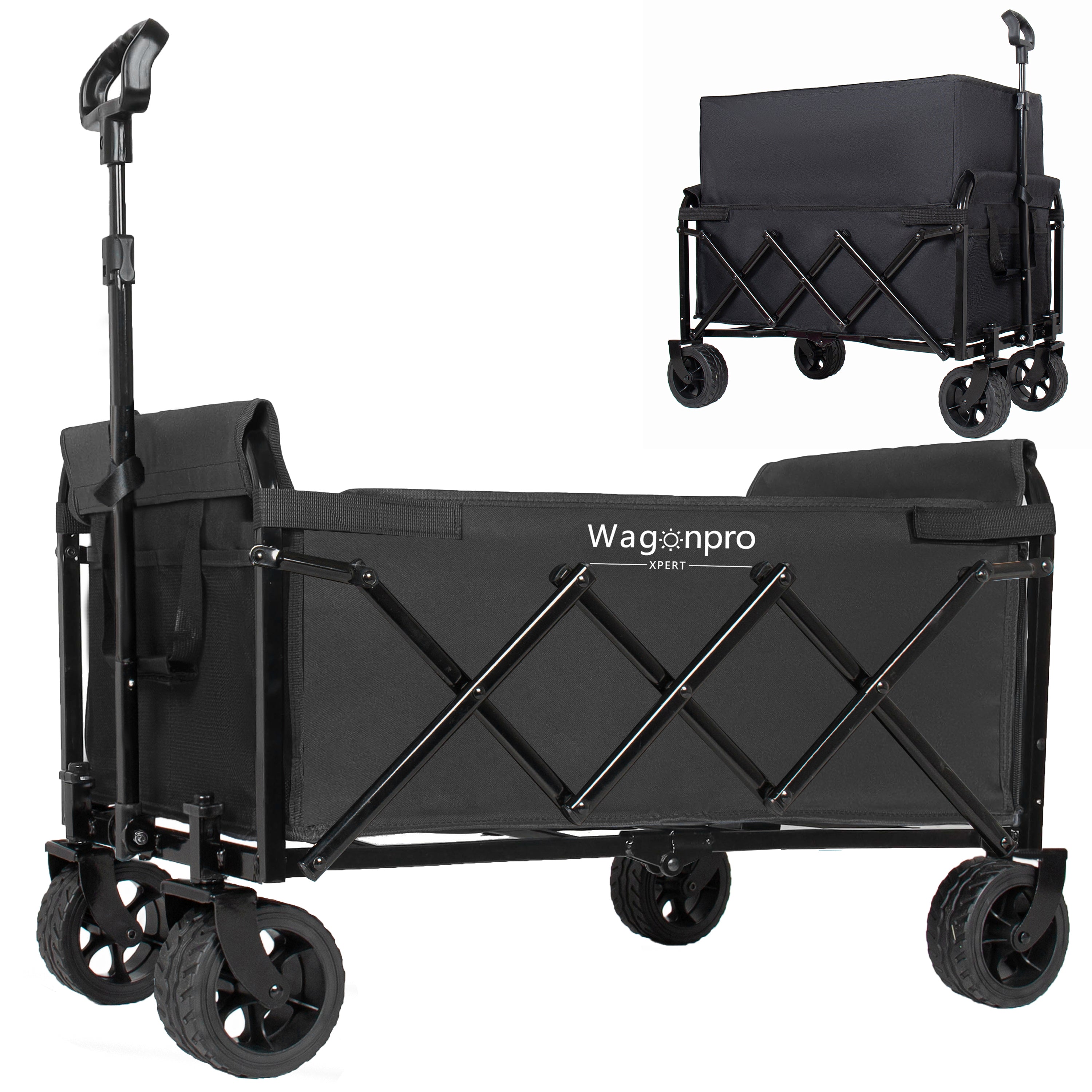 Upgraded 5*2' Wide Wheels-Expandable Dual-Layer Utility Wagon with 100% Extra Space, 220lbs Capacity Grocery Cart for Camping, Shopping, Sports, Gardening, Fishing, Black