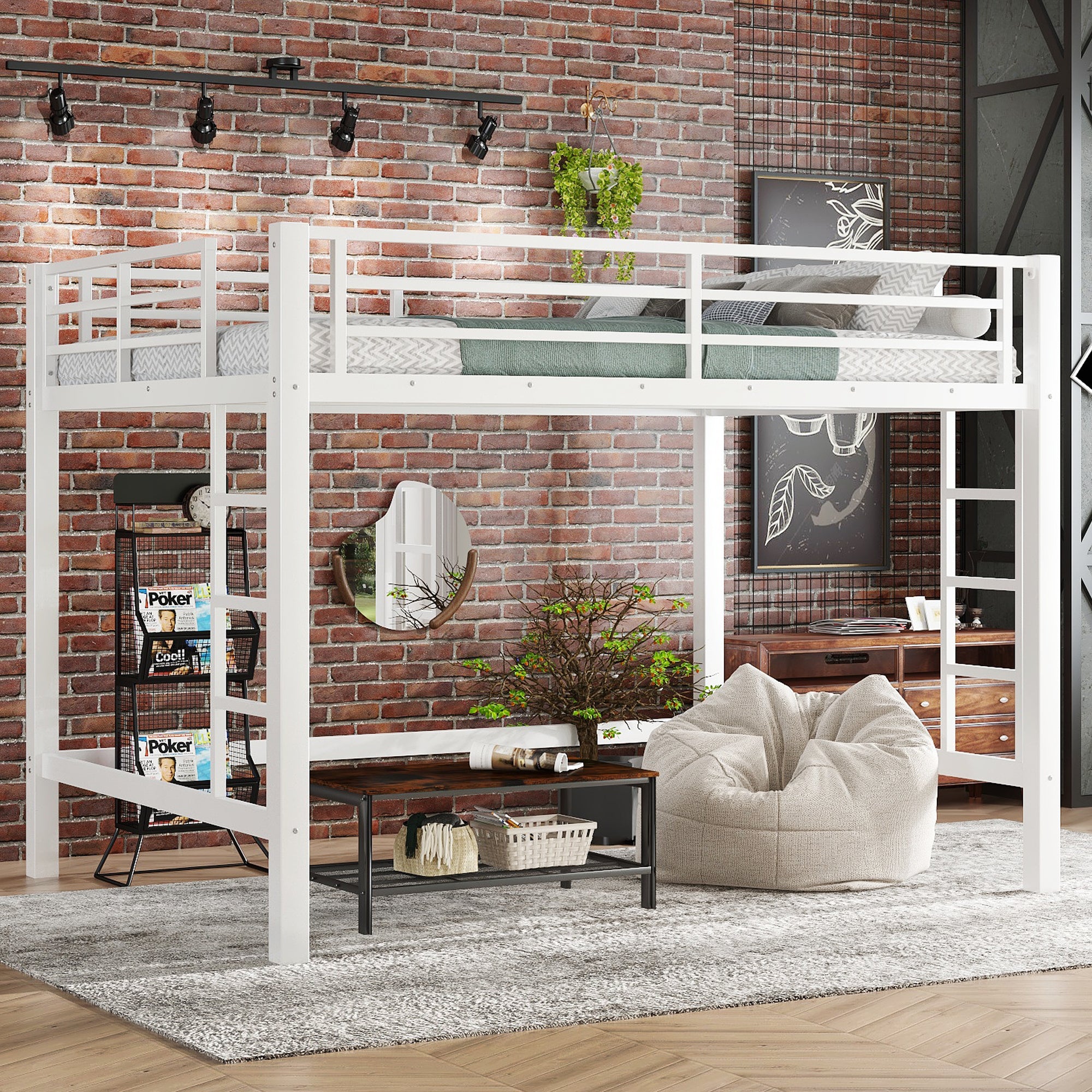 Queen Size Metal Loft Bed, Loft Bed with Easy Climbing Ladder and Guardrails , White