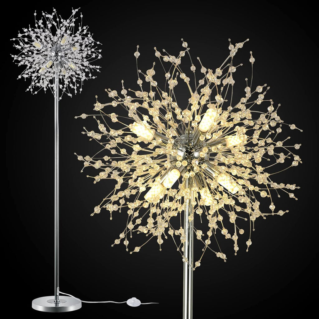 Crystal Floor Lamp for Bedroom, Floor Lamp for Living Room, Elegant Standing Lamp, 69' Tall Pole Lamp, Modern Floor Lamp for Room Decor, 32 Firework Crystal Harnesses Included, Chrome Finish
