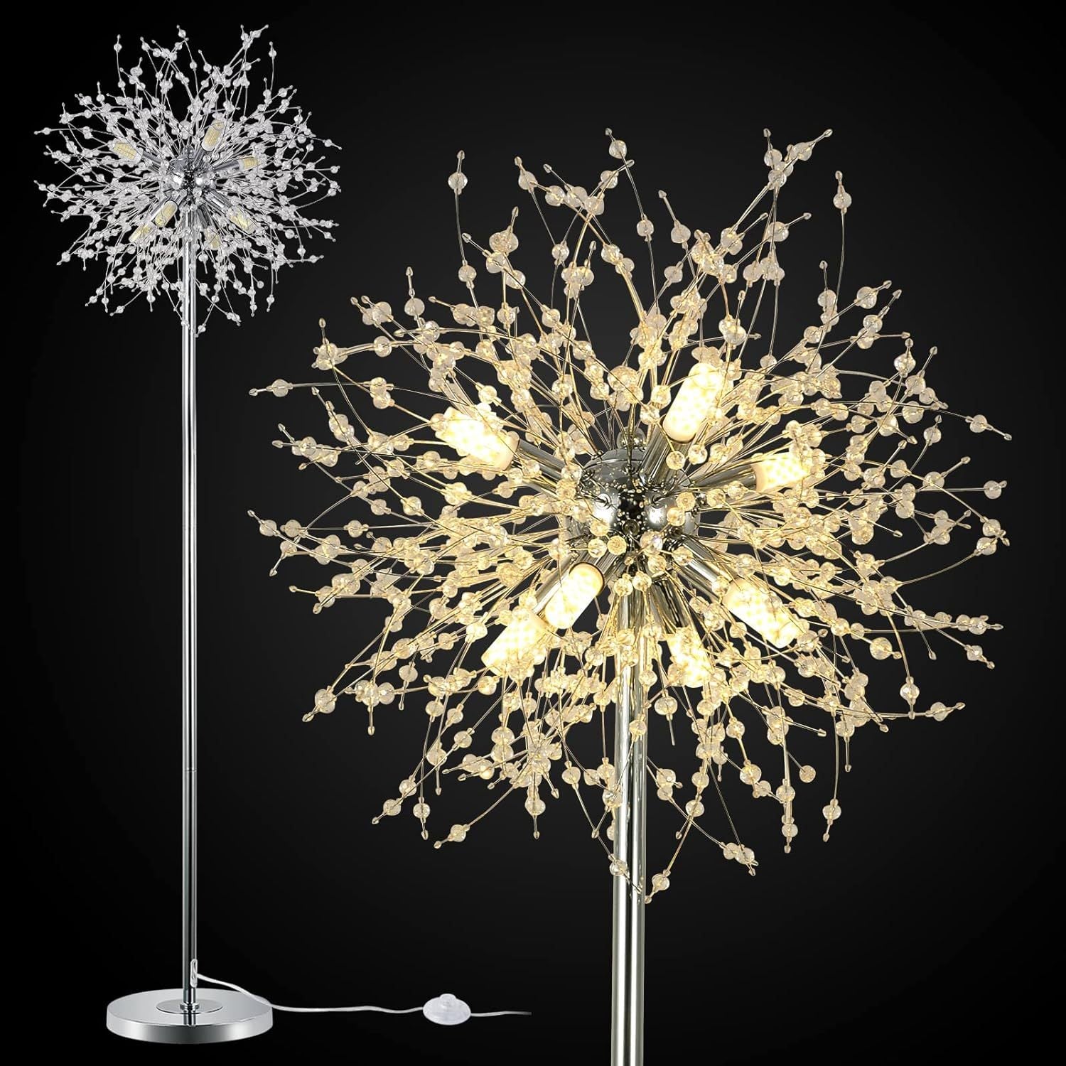 Crystal Floor Lamp for Bedroom, Floor Lamp for Living Room, Elegant Standing Lamp, 69' Tall Pole Lamp, Modern Floor Lamp for Room Decor, 32 Firework Crystal Harnesses Included, Chrome Finish
