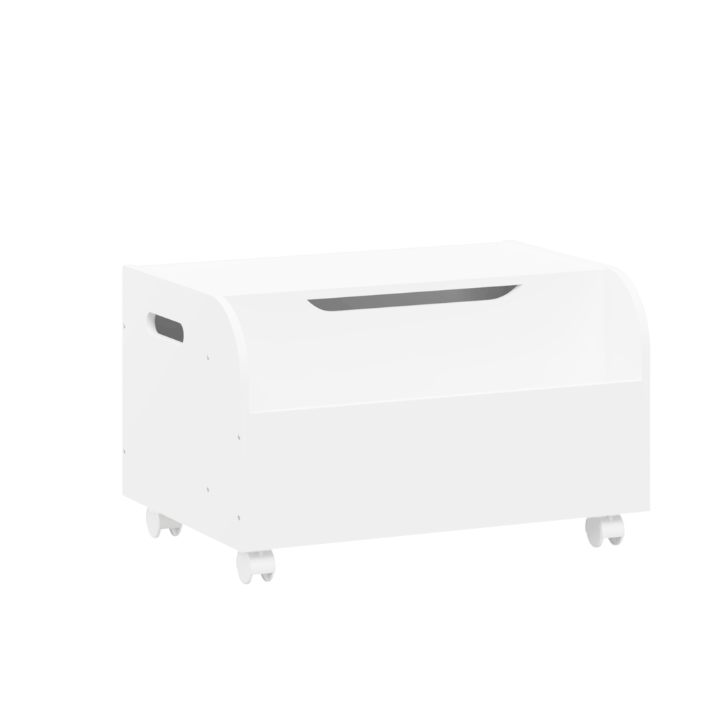 White Wooden Toy Box with 4 Universal Wheels, Kids Playroom Storage Organizer with Front Bookshelf, Flip-Top Lid, Safety Hinge, for Boys and Girls, MDF & Plastic, 23.62'' W x 15.75'' D x 14.4'' H