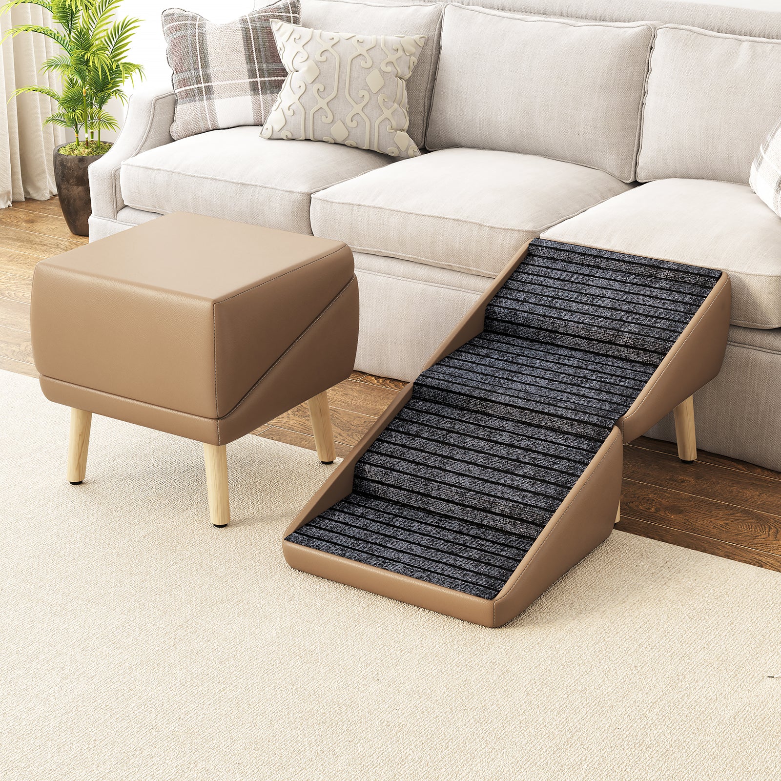 Dog Stairs for Small Dogs, 2-in-1 Pet Steps & Ottoman - Foldable Dog Stairs for Couch, Non-Slip Wooden Pet Stairs for Puppy Senior Injured Dogs ( Coffee Color )