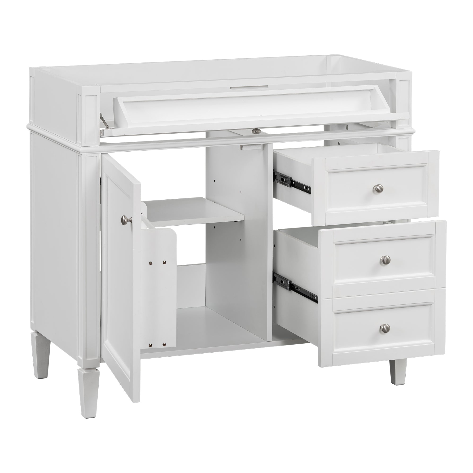 Modern White Bathroom Vanity with 2 Drawers and Tip-out Drawer, Solid Wood Frame, 36'' Storage Cabinet with Textured Handle and Adjustable Shelf