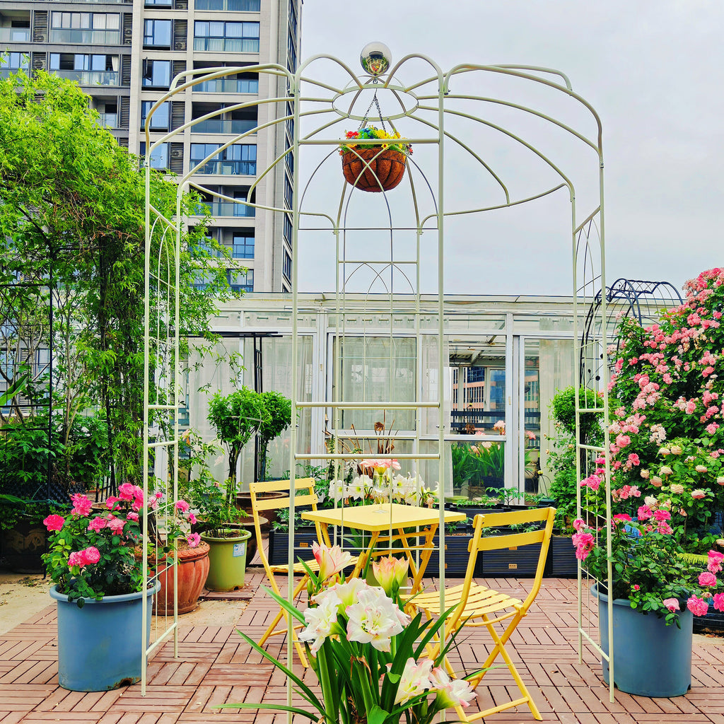 Metal Garden Arch Iron Garden Arbors Gazebo Dia 81.3'' x 114.2'' High Birdcage Shape Pergola Pavilion for Wedding Ceremony Cream White
