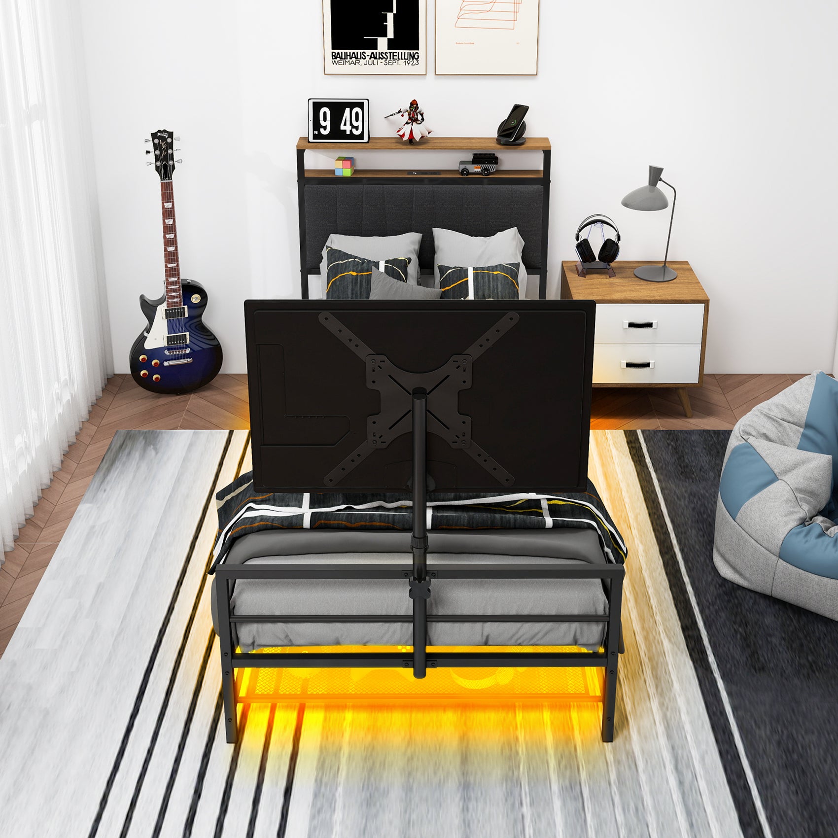 Twin Size Gaming Bed With a Rotating TV Mount Suitable for 65 Inch TVS  And Metal Mesh Frame,Vented Console Storage, iron bed with Led and  Powercoard