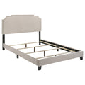 Beige Queen Panel Bed with Nailhead Trim: Upholstered Headboard in Beige Polyester Fabric, Black Legs, 64.25 x 86.25 x 51.25 Inches