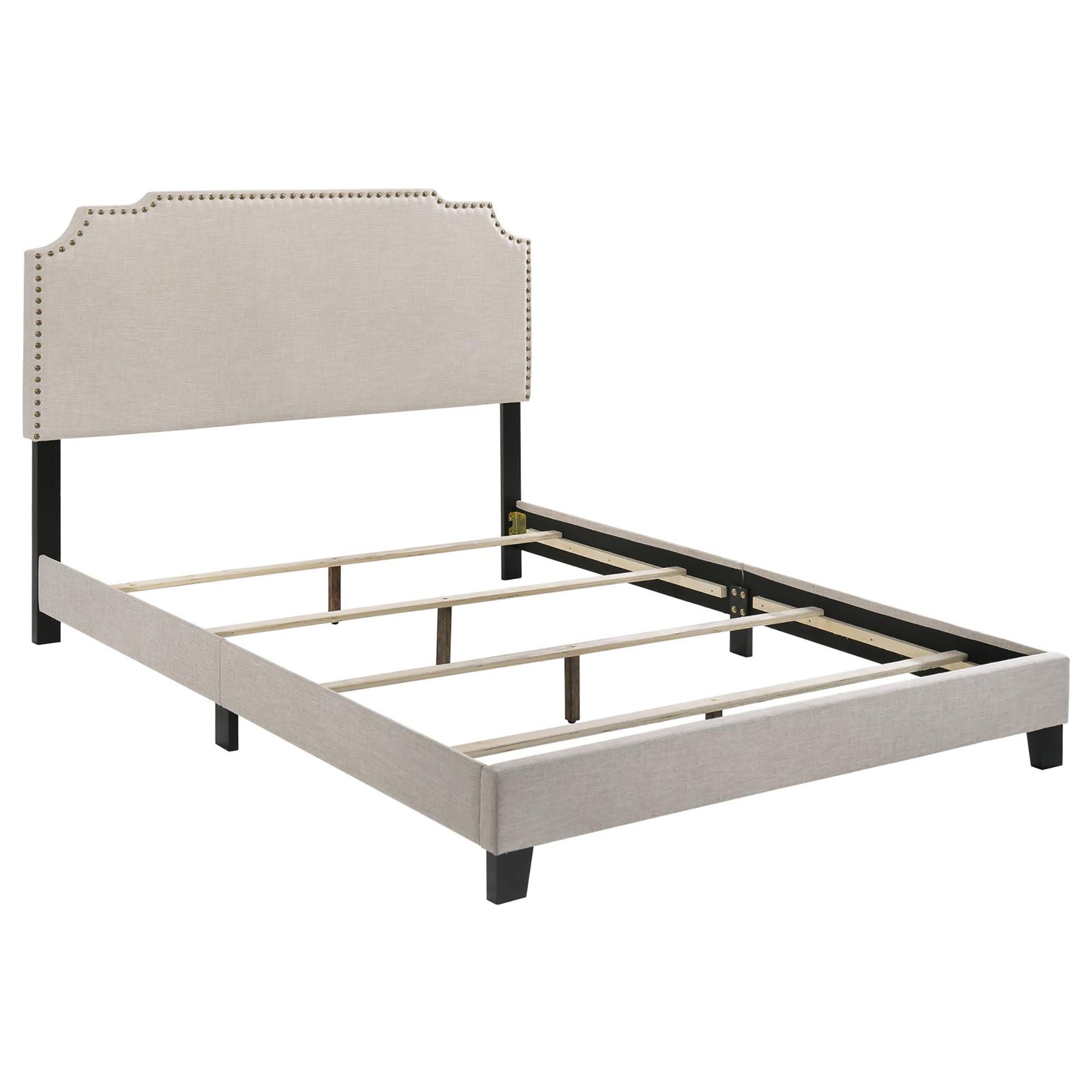 Beige Queen Panel Bed with Nailhead Trim: Upholstered Headboard in Beige Polyester Fabric, Black Legs, 64.25 x 86.25 x 51.25 Inches