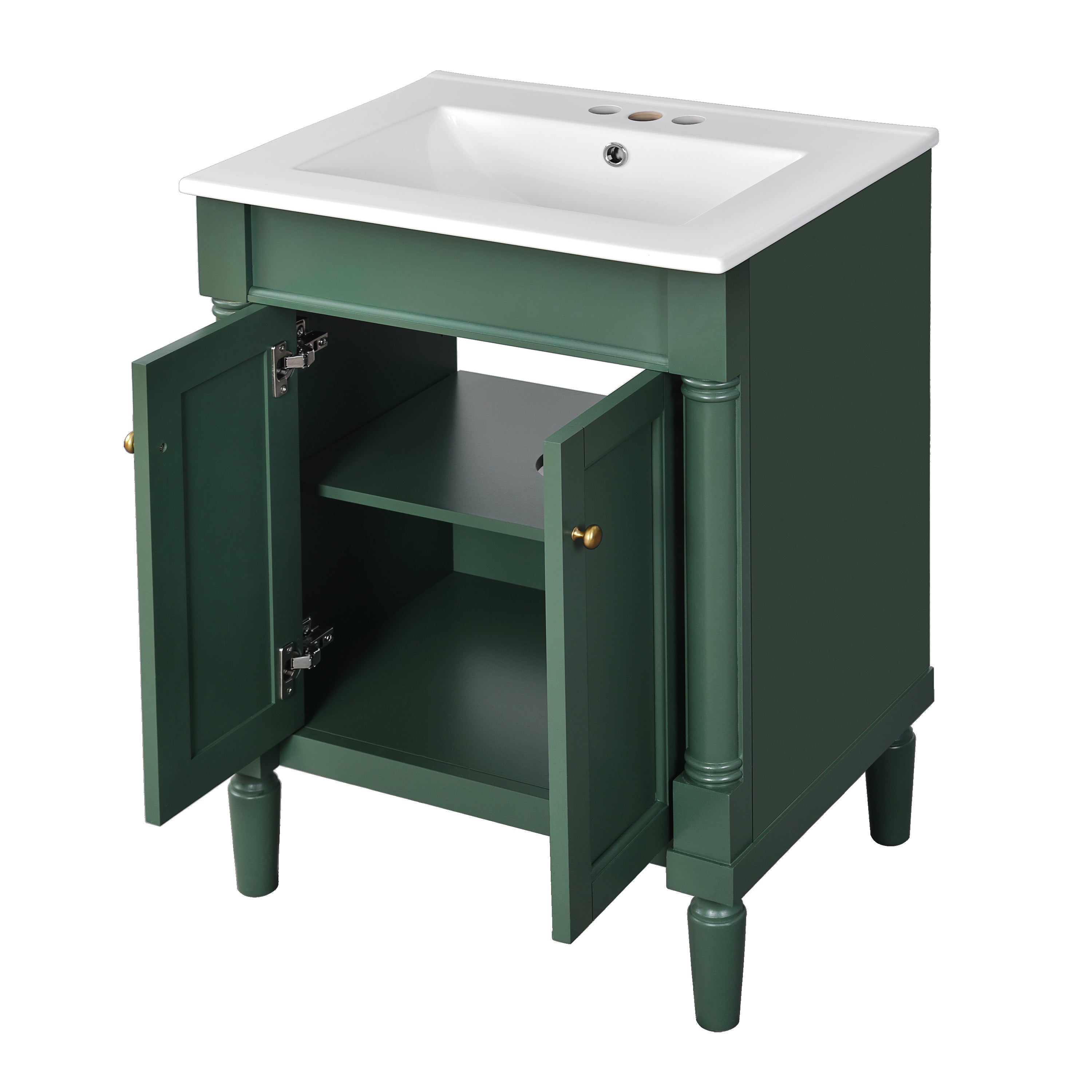 Modern Green Bathroom Vanity with Top Sink, 2-Tier Storage Cabinet, Ceramic Basin, Solid Wood Frame, 24''
