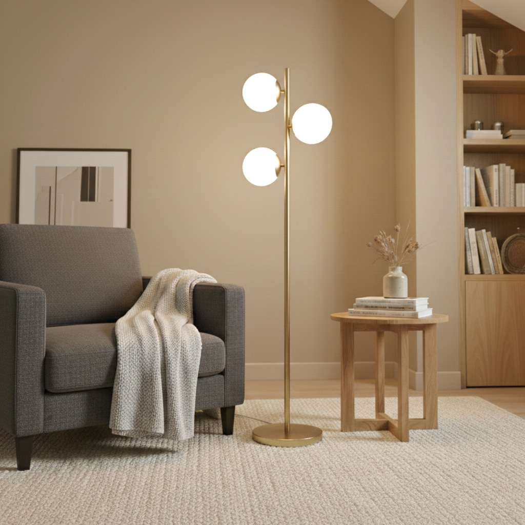 Brilliance Modern Gold Brush Floor Lamp, Opal Glass Shades and Round Metal Base