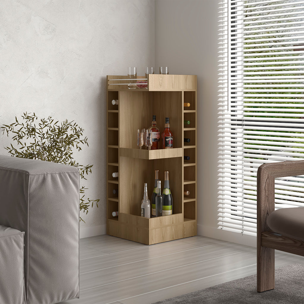 Lyman 46' Tall 3-Tier Corner Bar Cabinet with Fourteen Wine Bottle Cubbies, Living Room, Liquor Cabinet, Storage Cabinet Light Oak