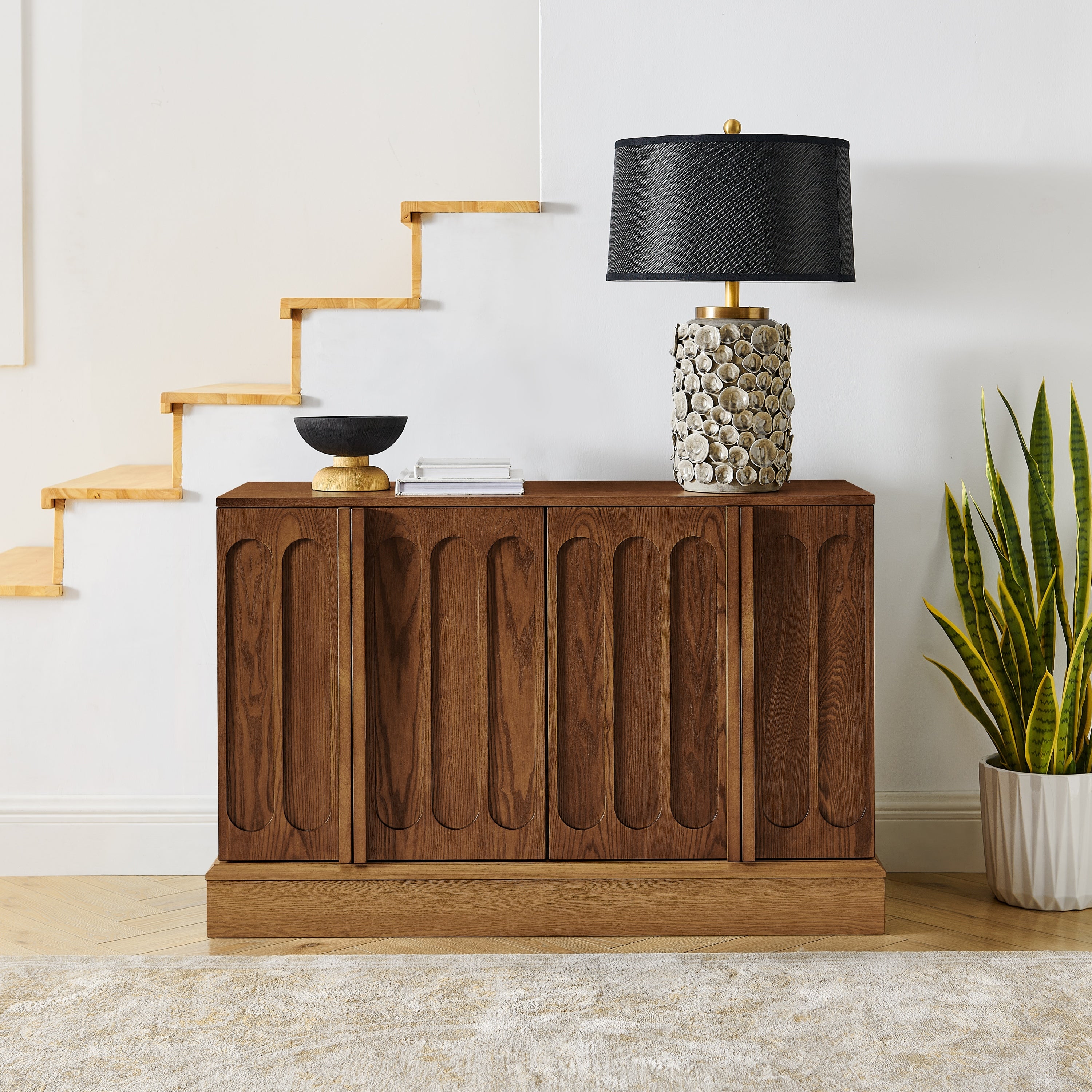 Mid Century Modern Fluted Sideboard Cabinet with Adjustable Shelves & Sturdy Base, Buffet Cabinet with Storage, Storage Cabinet for Living Room Entryway Hallway Dining Room Kitchen, Walnut+Natural
