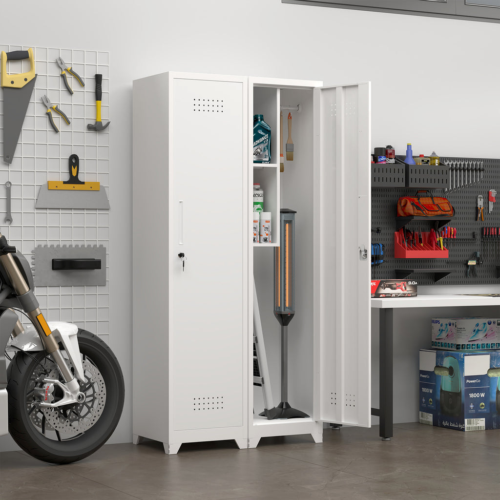Metal Broom Storage Cabinet, 65' Narrow Broom Cabinet With Hooks, Slim Bathroom Storage Cabinet With Shelves, Heavy-Duty Cleaning Storage Cabinet For Utility Room, Gym, Office, Garage, Utility Shelves
