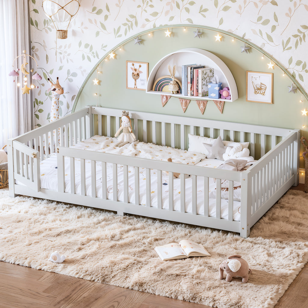 Queen Size Bed Floor Bed with Safety Guardrails and Door for Kids, White