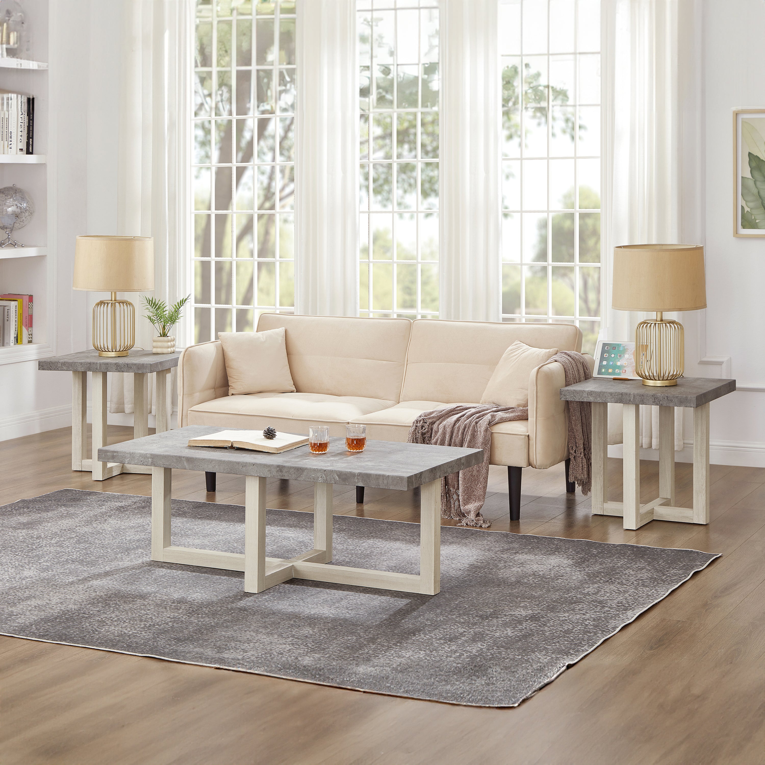 Luno 3-Piece Coffee Table Set, Coffee Table and Two End Tables, Faux Concrete and White