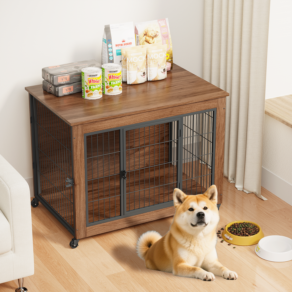 38.6' Dog Crate Furniture with Wheels for Small Dogs, Heavy Duty Dog Kennel Indoor with 2 Doors, Wooden Pet Cage End Table, Double-Doors Sturdy Metal Dog Cage for Anxiety Dog