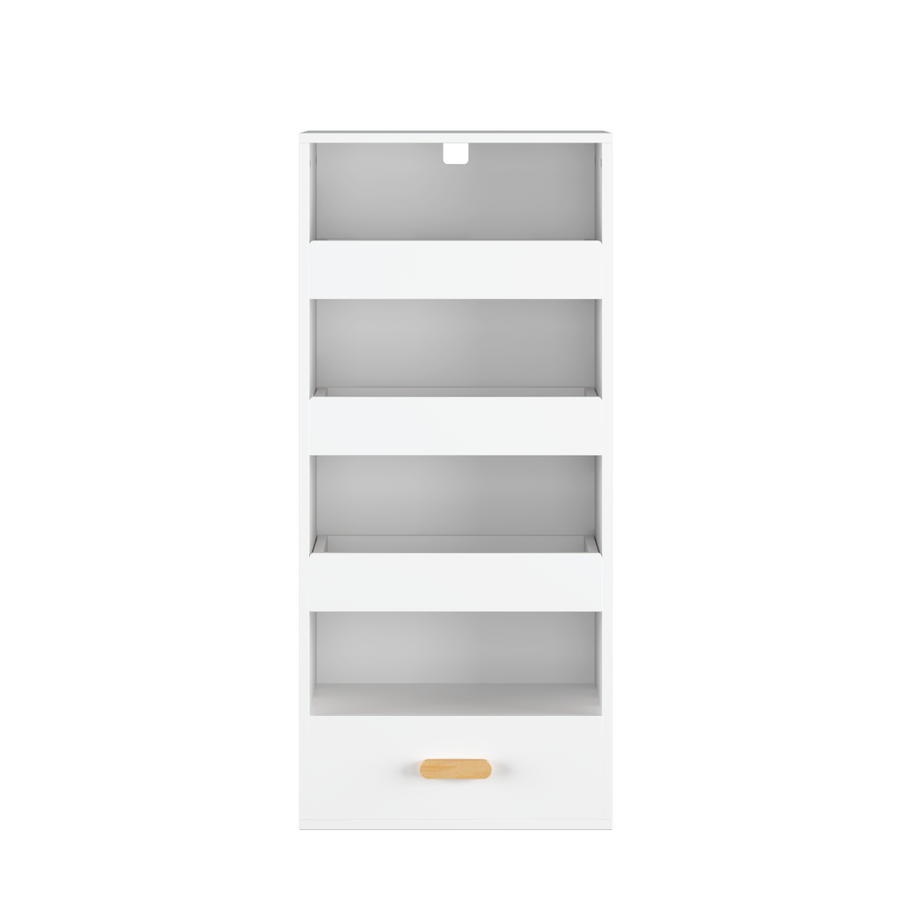 4-Tier Freestanding Bookshelf with 3 Sliding Drawers and 1 Bottom Drawer in White, Engineered Wood