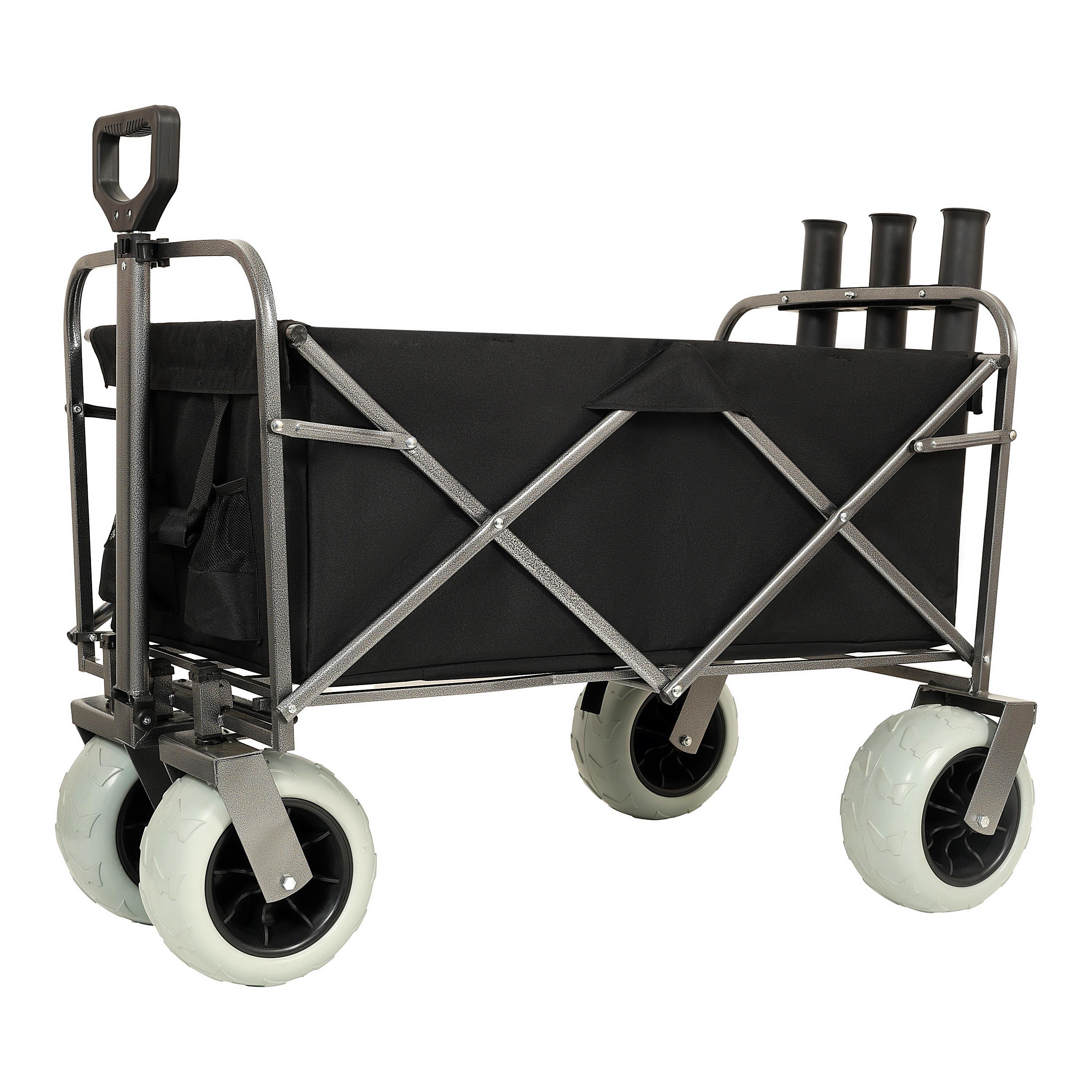 Fishing Cart with Rod Holders ,Beach Wagon with Big Wheels for Sand 500lbs capacity - All Terrain Steel Frame Utility Cart with 9' Pneumatic Tires,strap with multiuse bag ,black