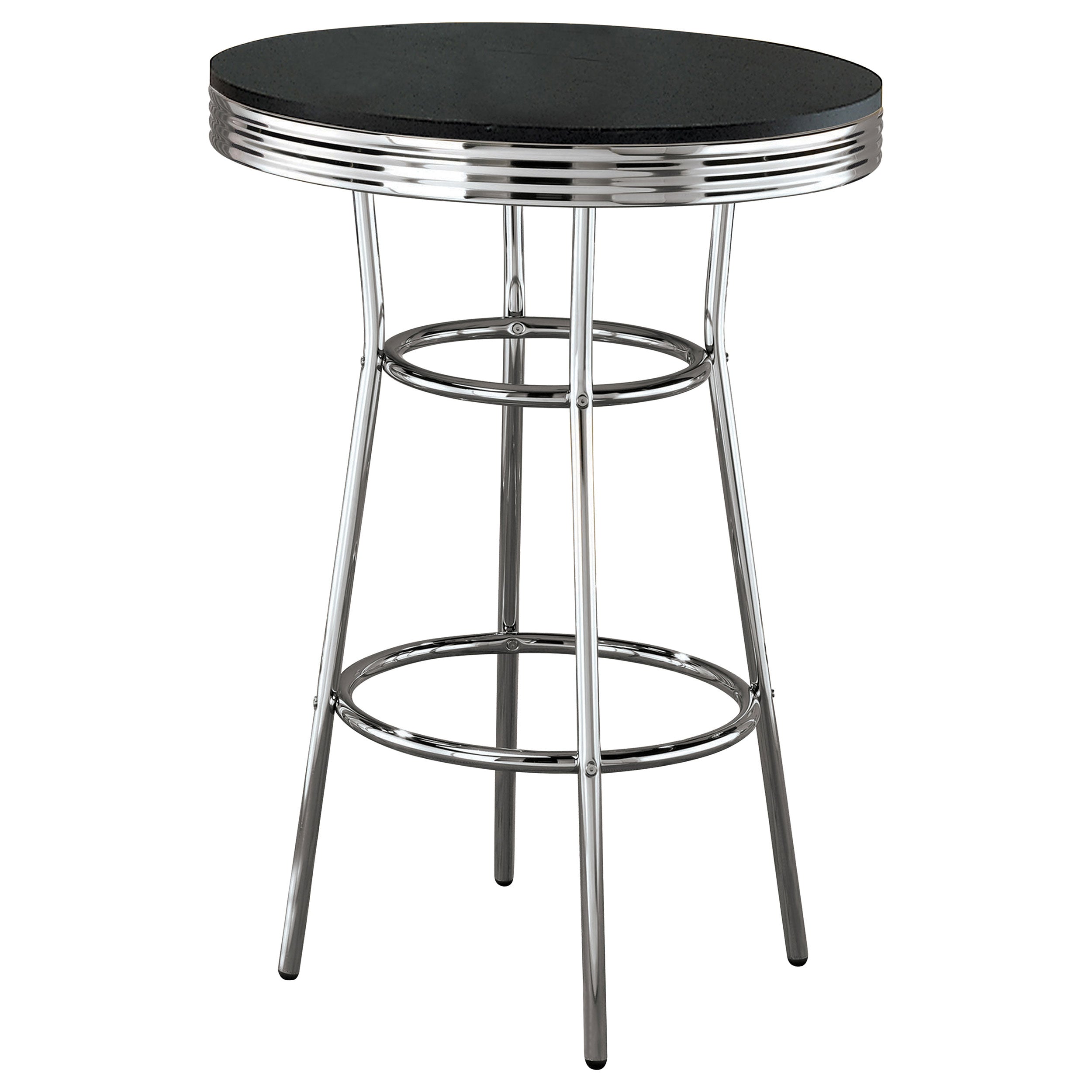 Black and Chrome Round Bar Table with Retro Design, Wood and Metal Construction, 30-inch Diameter, 41.75-inch Height