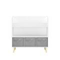 Modern Kids Bookshelf with 3 Fabric Bins, White and Gray Storage Shelf for Toys and Books, Ideal for Playroom, Bedroom, or Nursery