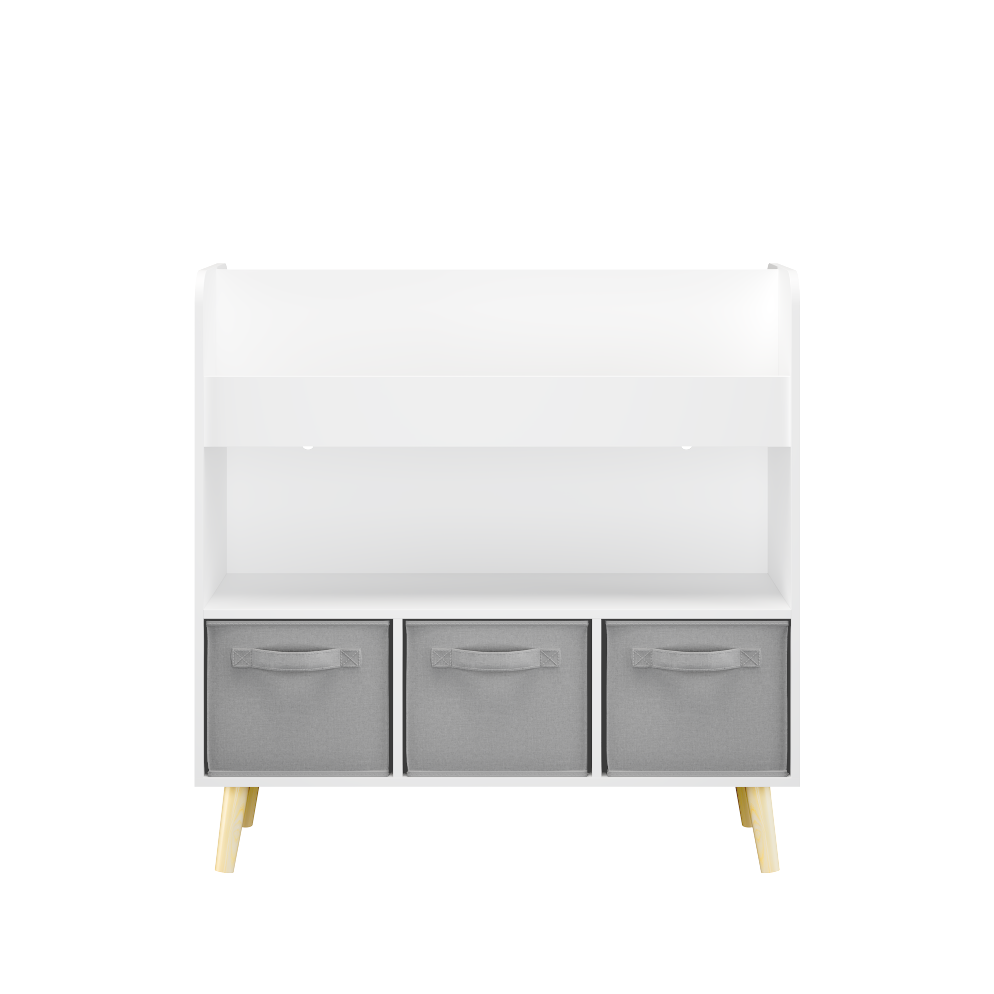 Modern Kids Bookshelf with 3 Fabric Bins, White and Gray Storage Shelf for Toys and Books, Ideal for Playroom, Bedroom, or Nursery