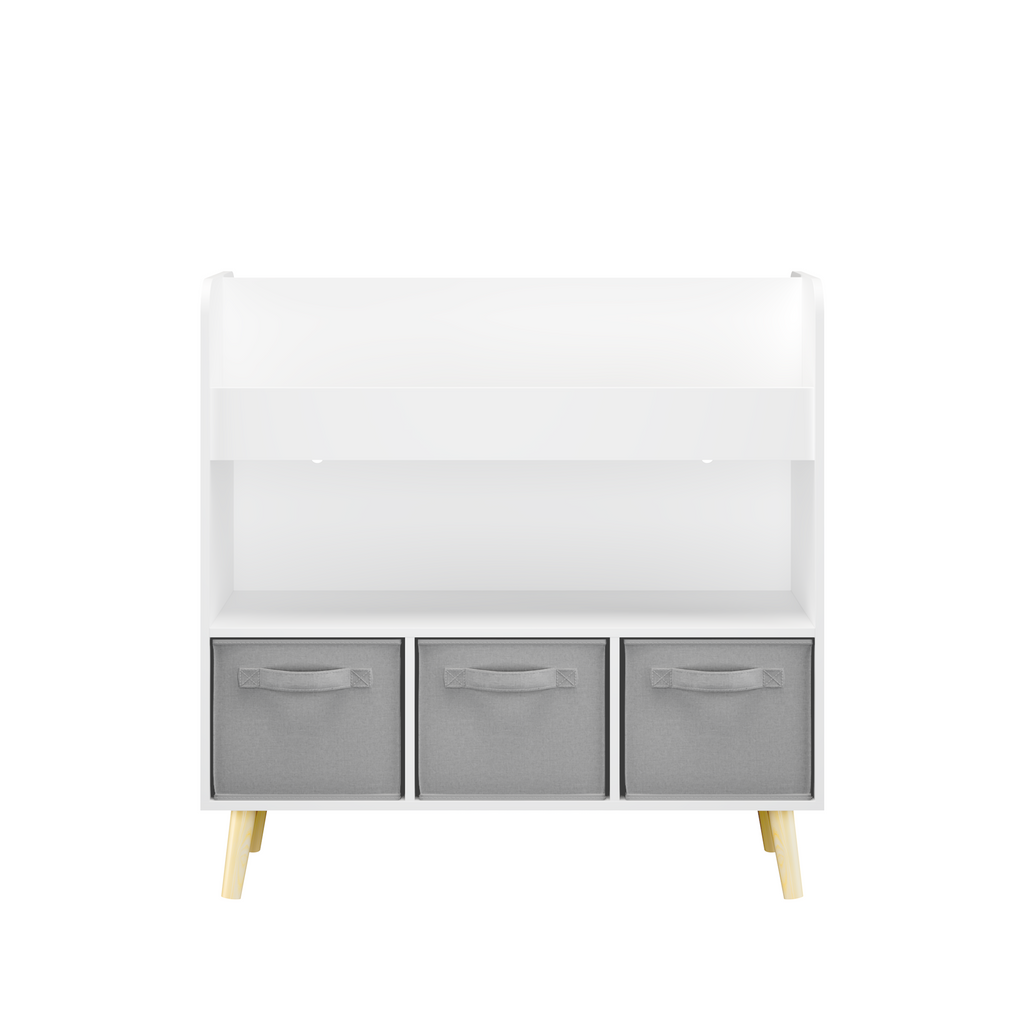 Modern Kids Bookshelf with 3 Fabric Bins, White and Gray Storage Shelf for Toys and Books, Ideal for Playroom, Bedroom, or Nursery