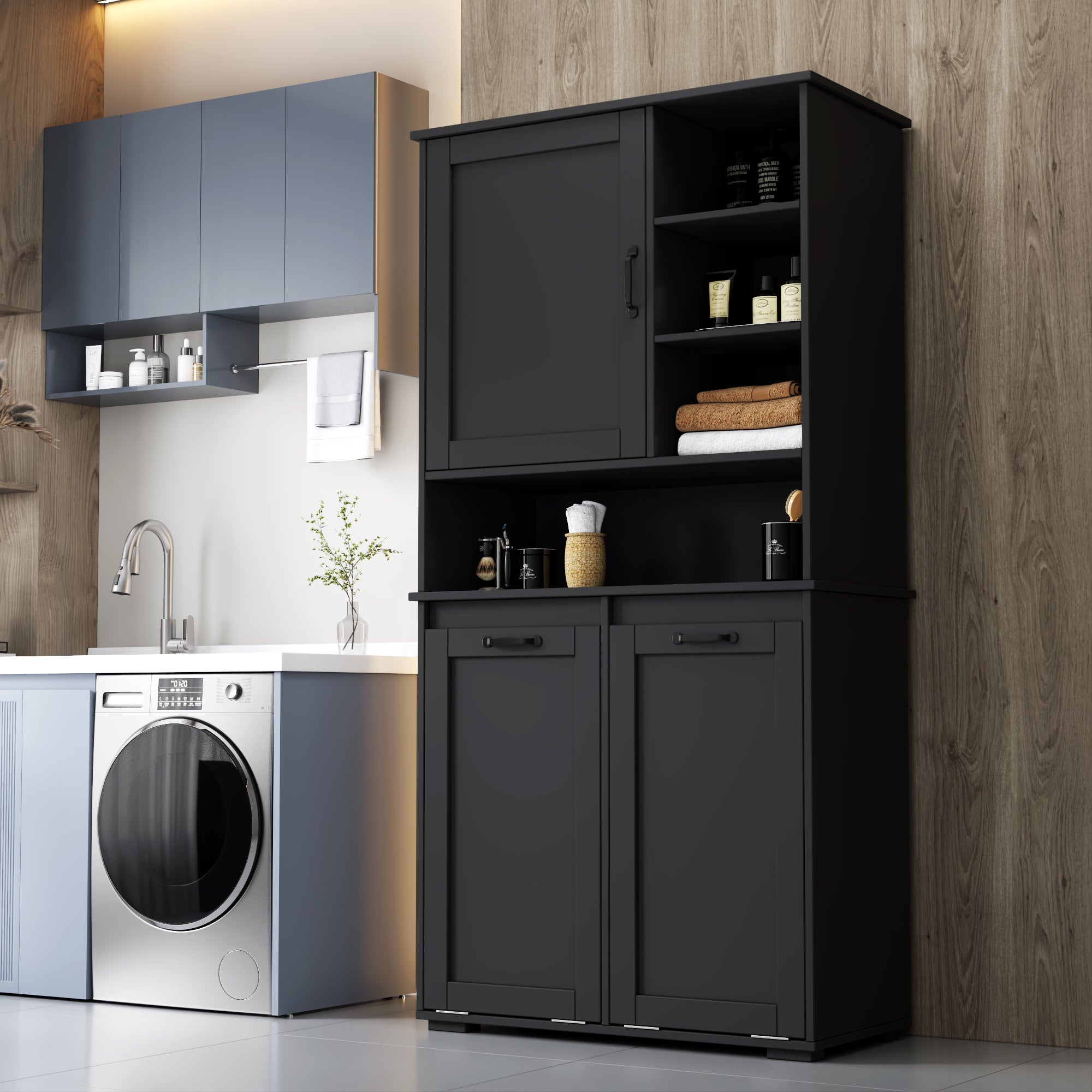 Laundry Cabinet with Doors and shelf, Tilt-Out Laundry Hamper, Multiple Storage Space, Freestanding Style, Open Shelve, Adjustable Shelf
