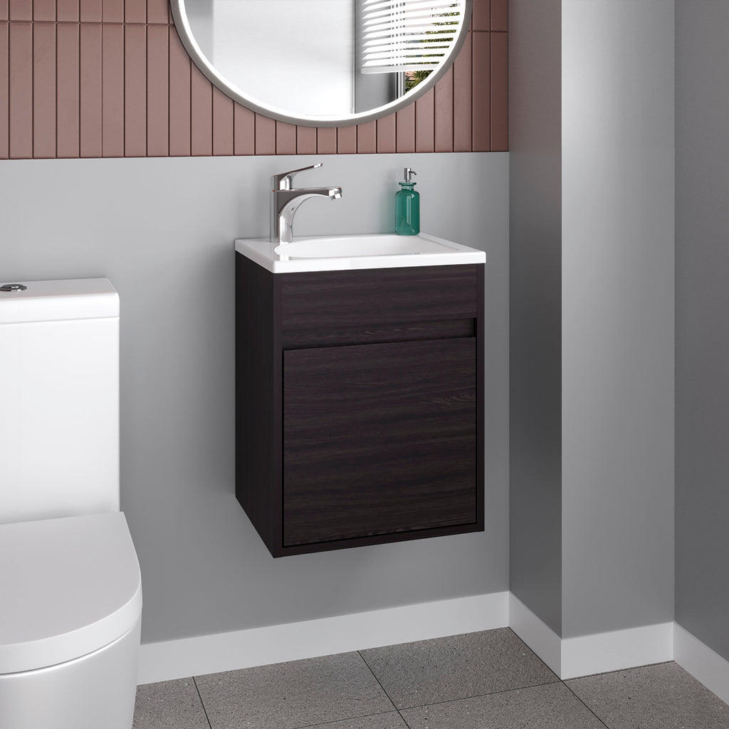 Furman Bathroom Vanity With Single Door And Open Shelf, Compact Floating Sink Base Cabinet, Black