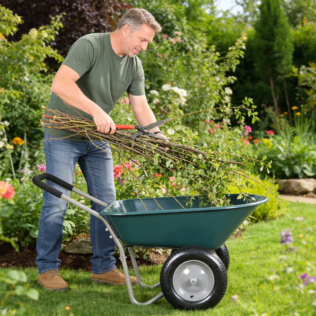 wheel barrow Two wheeled trolley for green garden 15 inch pneumatic wheel WB1001GN