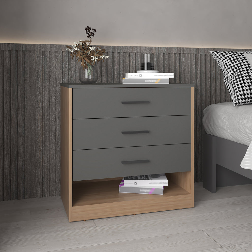 Alder 27' High Three Drawer Dresser And Open Shelf, Bedroom, Entryway, Side Board, Matte Gray - Natural Oak