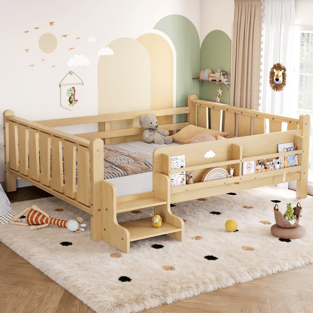 Full Size Floor Bed with Storage Bookcases, Solid Wood Kids Floor Bed with Cute Stairs and Guardrails, No Box Spring Needed, Light Natural