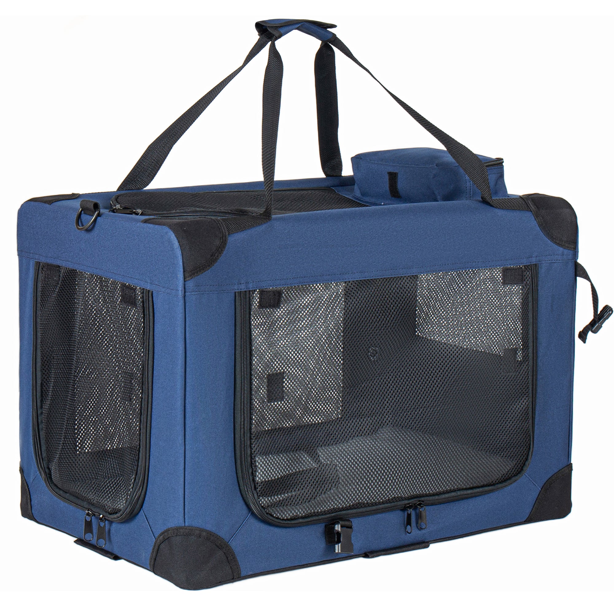 32'' Soft Dog Crates Kennel, 3-Door Portable Folding Pet Carrier with Mesh Windows, Straps and Fleece Mat for Dogs, Cats, Rabbits, Meeting the needs for indoor, outdoor, and travel use, Dark Blue
