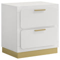 Sophia White Contemporary 2-Drawer Nightstand with Black Base and Metallic Gold Accents in White Finish, Solid Wood+MDF Construction