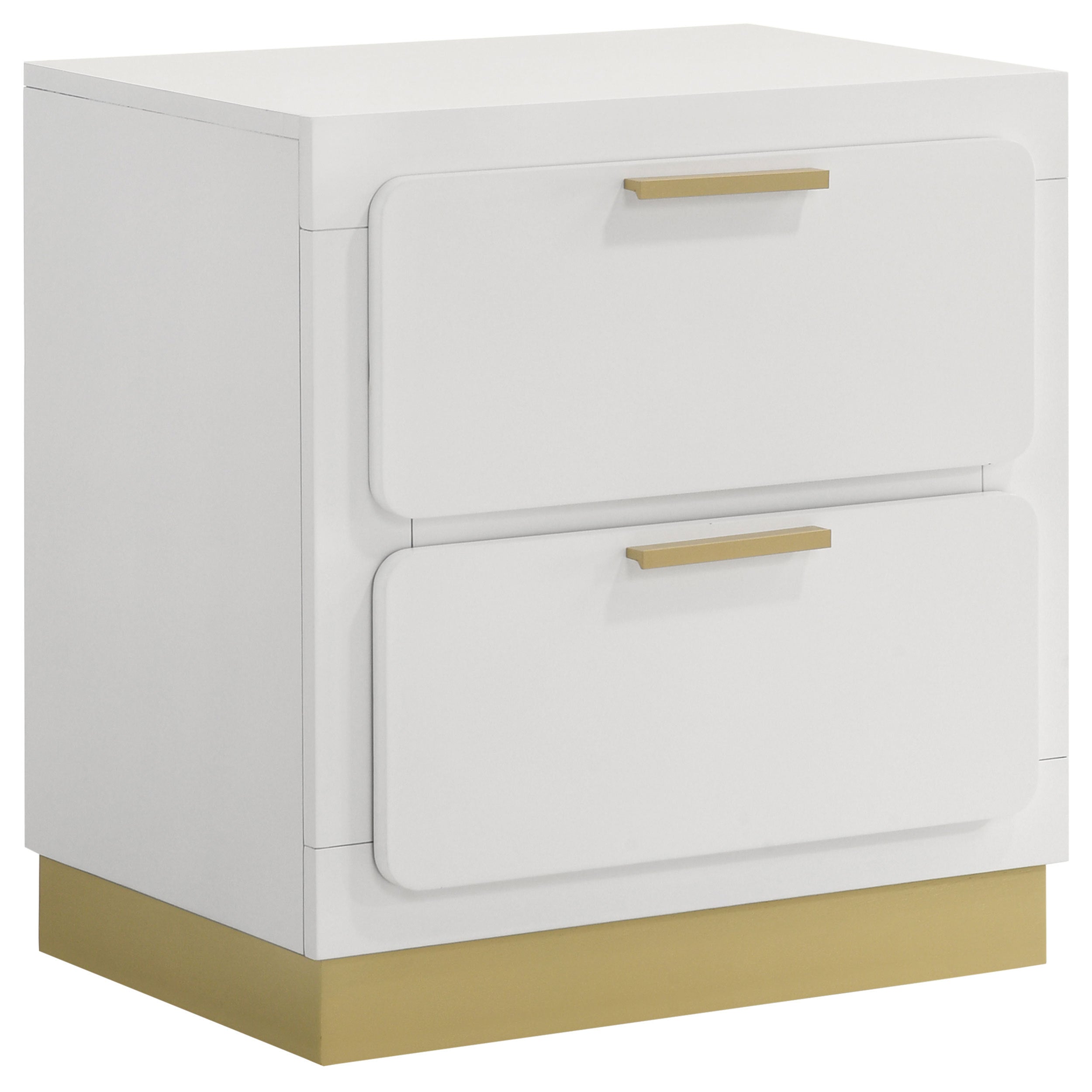 Sophia White Contemporary 2-Drawer Nightstand with Black Base and Metallic Gold Accents in White Finish, Solid Wood+MDF Construction