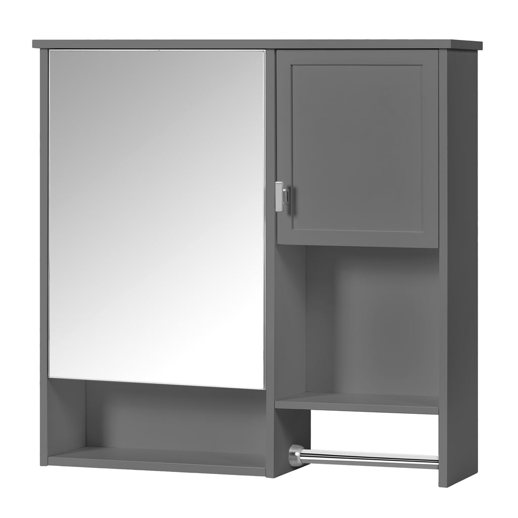 Modern Gray Wall Mounted Medicine Cabinet with Mirror, 29'' x 28'' Storage Cabinet with Adjustable Shelves and Towel Bar, MDF & Glass