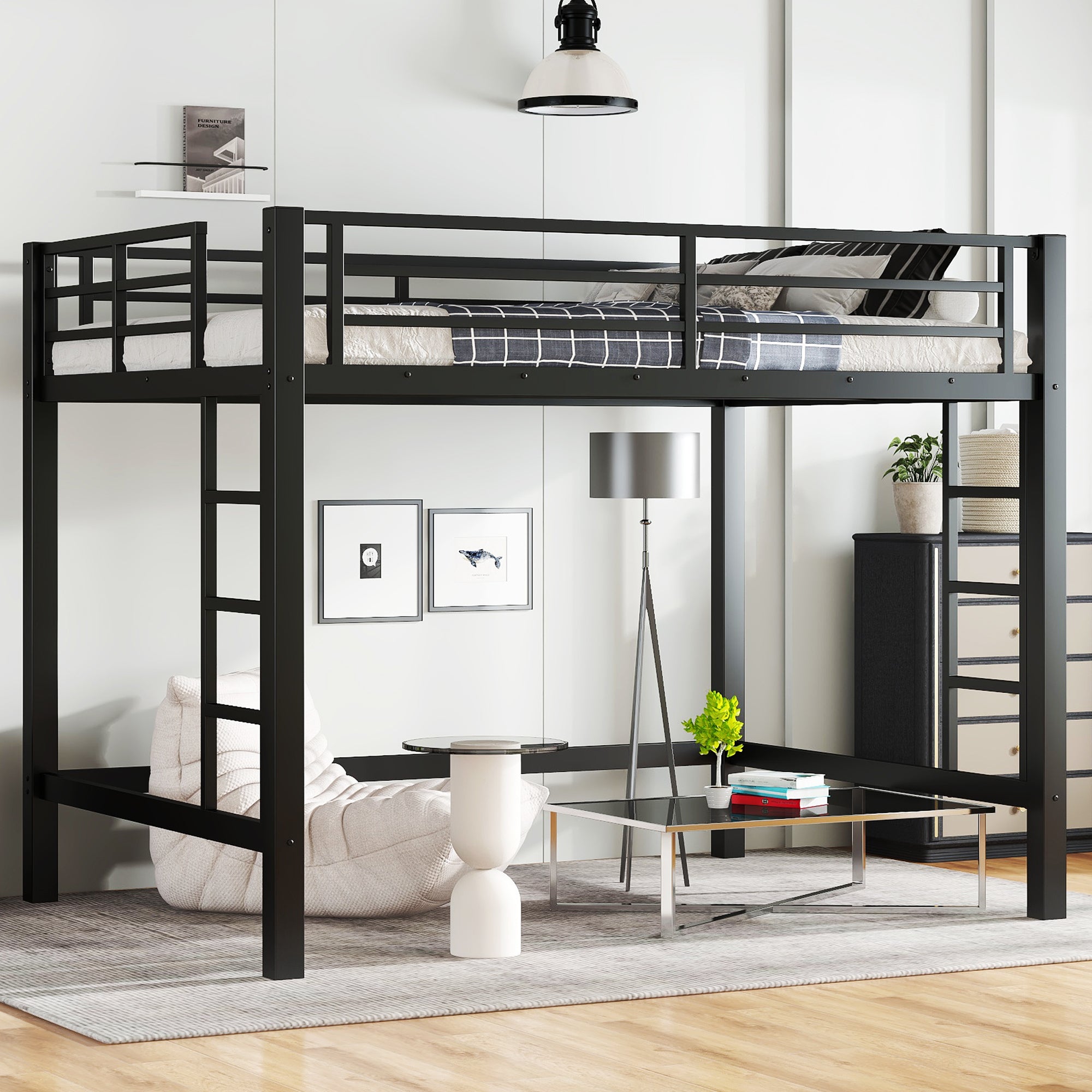 Full Size Metal Loft Bed, Loft Bed with Easy Climbing Ladder and Guardrails , Black