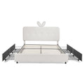 Kids Queen Upholstered Bed with Oversized Rabbit Ear Headboard, LED Light & 4 Storage Drawers in Beige Boucle Fabric, 84.5''X62.75''X41''