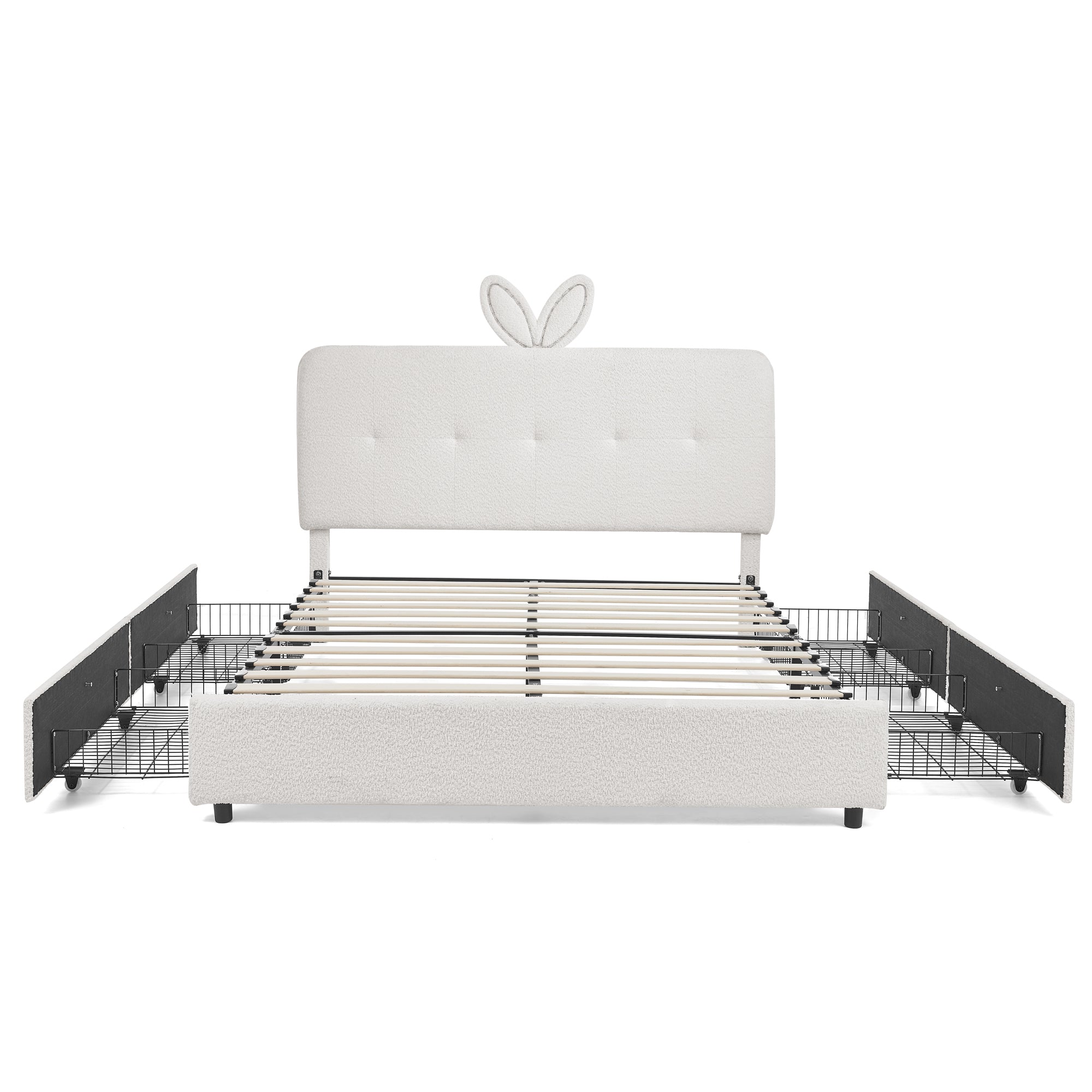 Kids Queen Upholstered Bed with Oversized Rabbit Ear Headboard, LED Light & 4 Storage Drawers in Beige Boucle Fabric, 84.5''X62.75''X41''