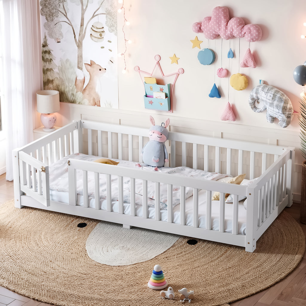 Twin Size Bed Floor Bed with Safety Guardrails and Door for Kids, White