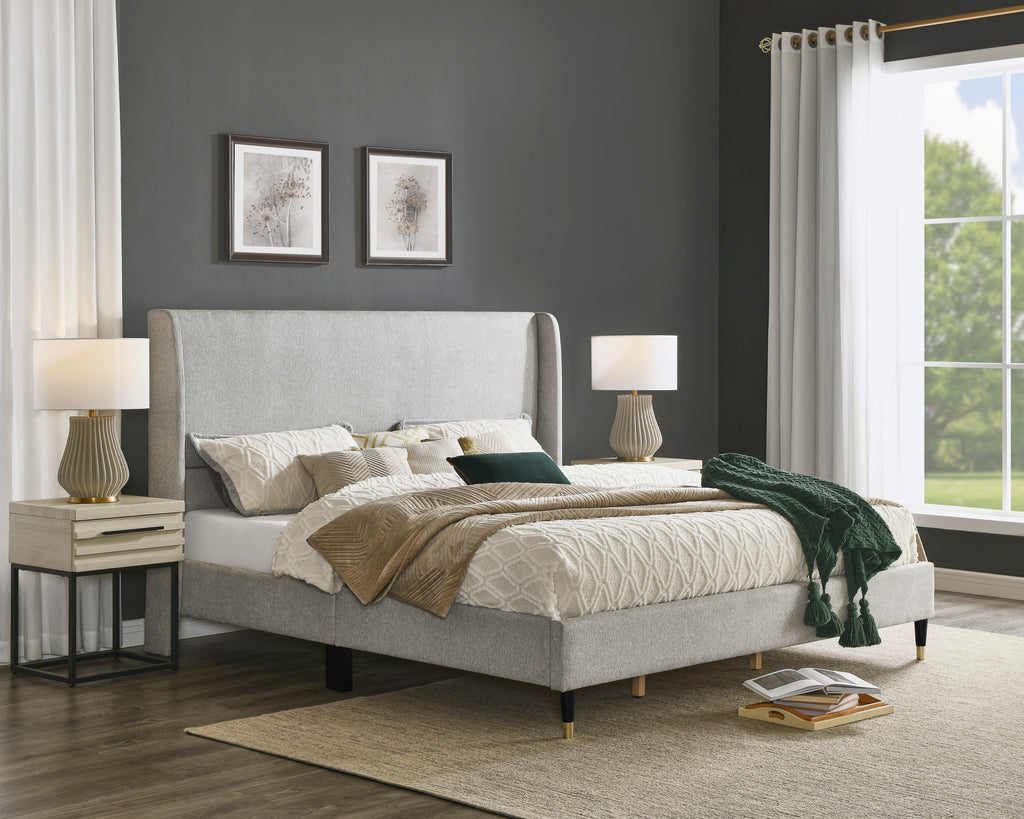 Rozitta Light Gray Fabric Wingback Platform Bed, King