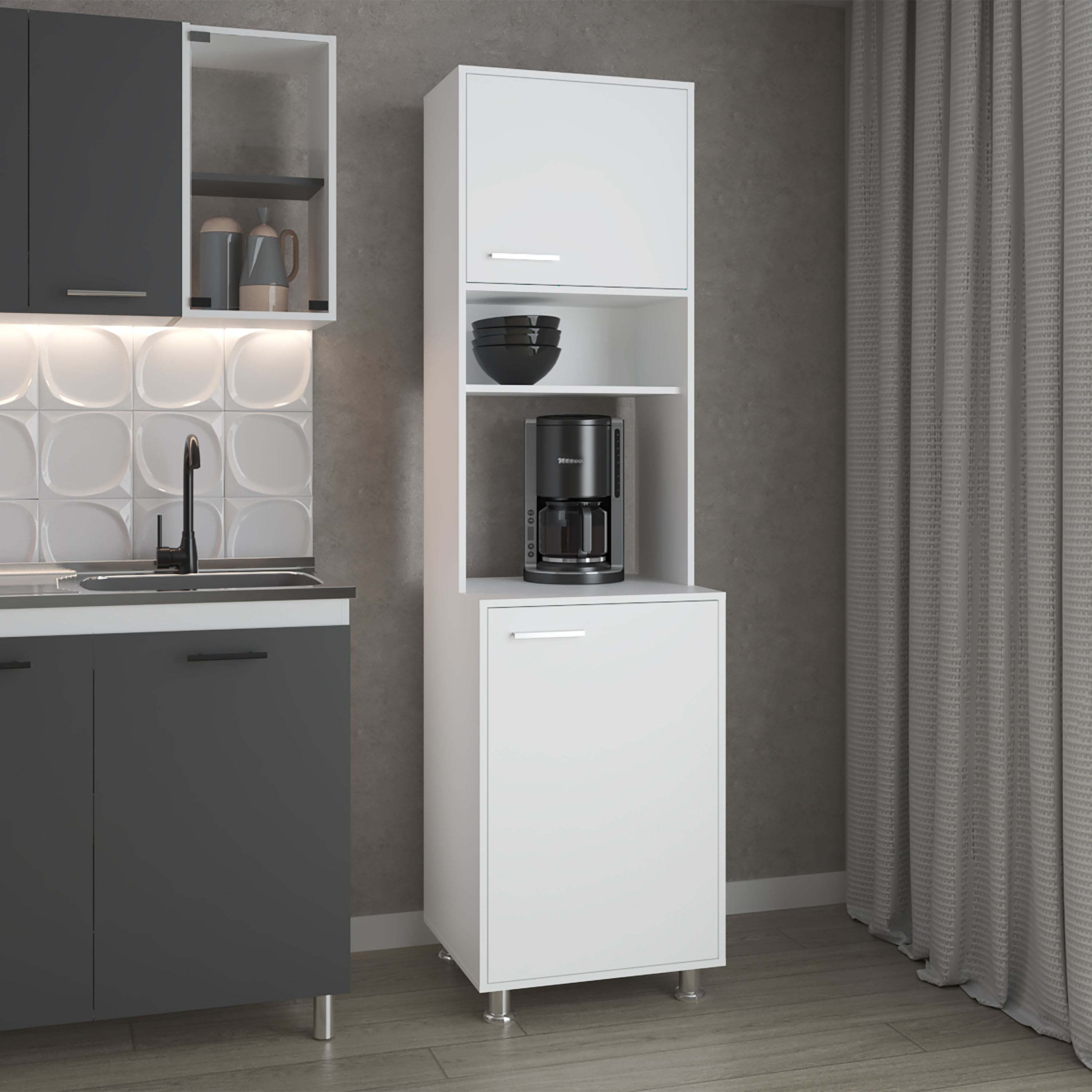 White Kitchen Pantry with Open Storage and 2 Doors