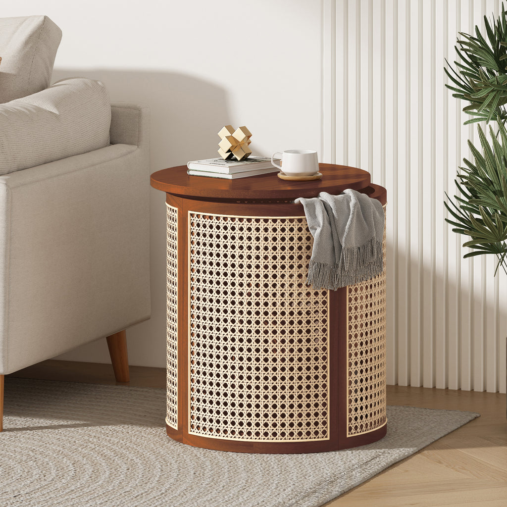 15.70' Round End Table, Hollow Woven Side Table, Small Rubber Wood Nightstand, Rattan Woven Tea Desk, Round Wood Tabletop, Chic Home Decor Desk, Easy Assembly, Dark Brown Color