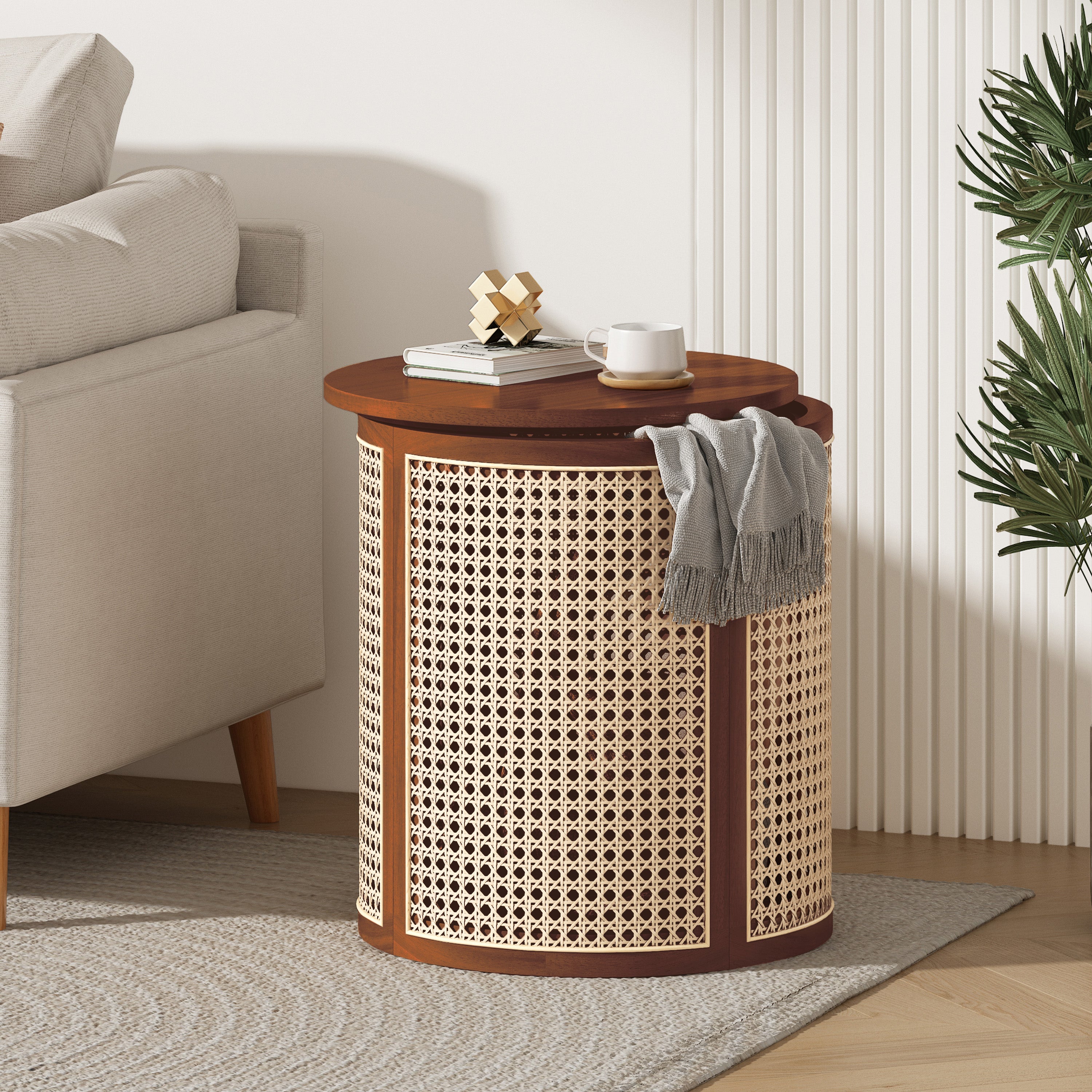 15.70' Round End Table, Hollow Woven Side Table, Small Rubber Wood Nightstand, Rattan Woven Tea Desk, Round Wood Tabletop, Chic Home Decor Desk, Easy Assembly, Dark Brown Color