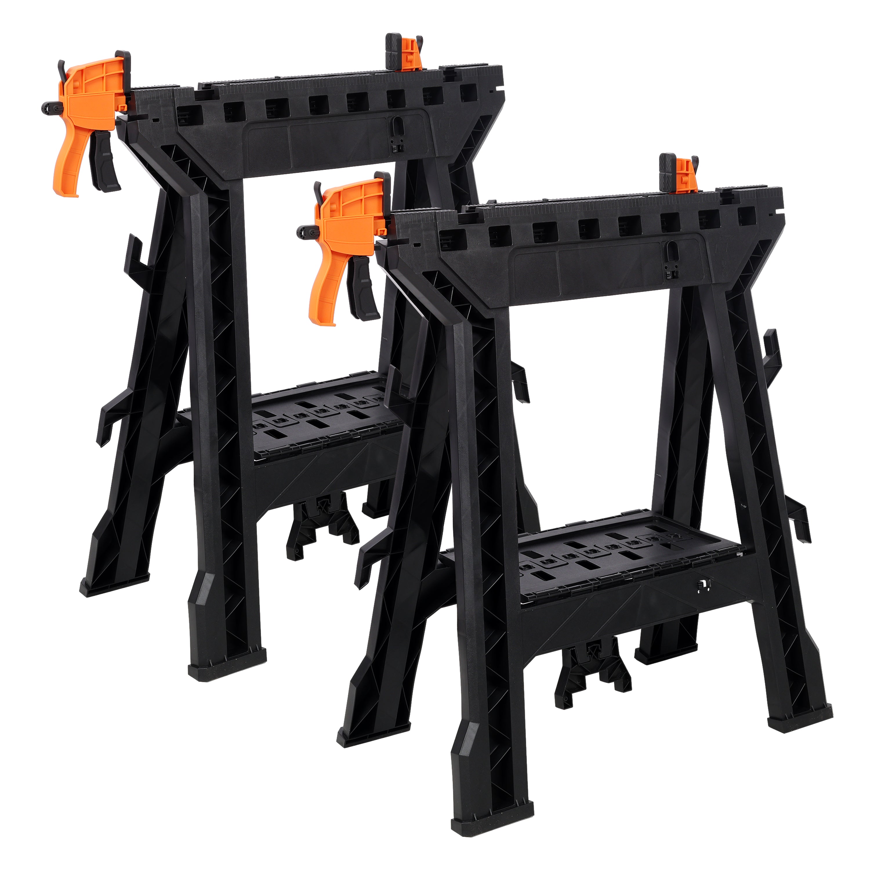 Folding Clamping Sawhorse Set of 2, Heavy Duty Clamping Sawhorse 2200 LBS Load Capacity,Plastic Sawhorse for Garage, Workshop, Fully Assembled