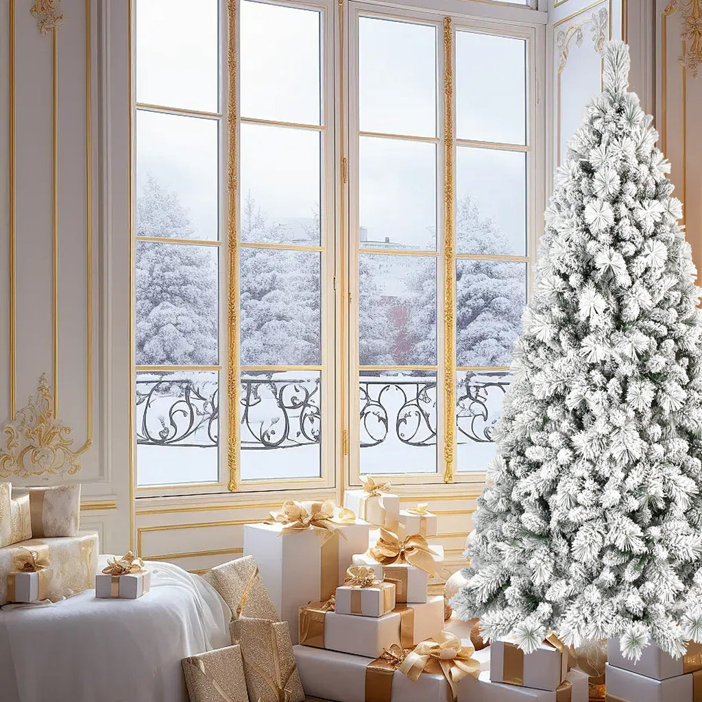 6FT Flocked Christmas Tree with 752 Tips – Snowy PVC & Hard Needle Branches, Hinged Structure for Easy Setup, Stable Metal Stand – Realistic Full-Body Holiday Tree