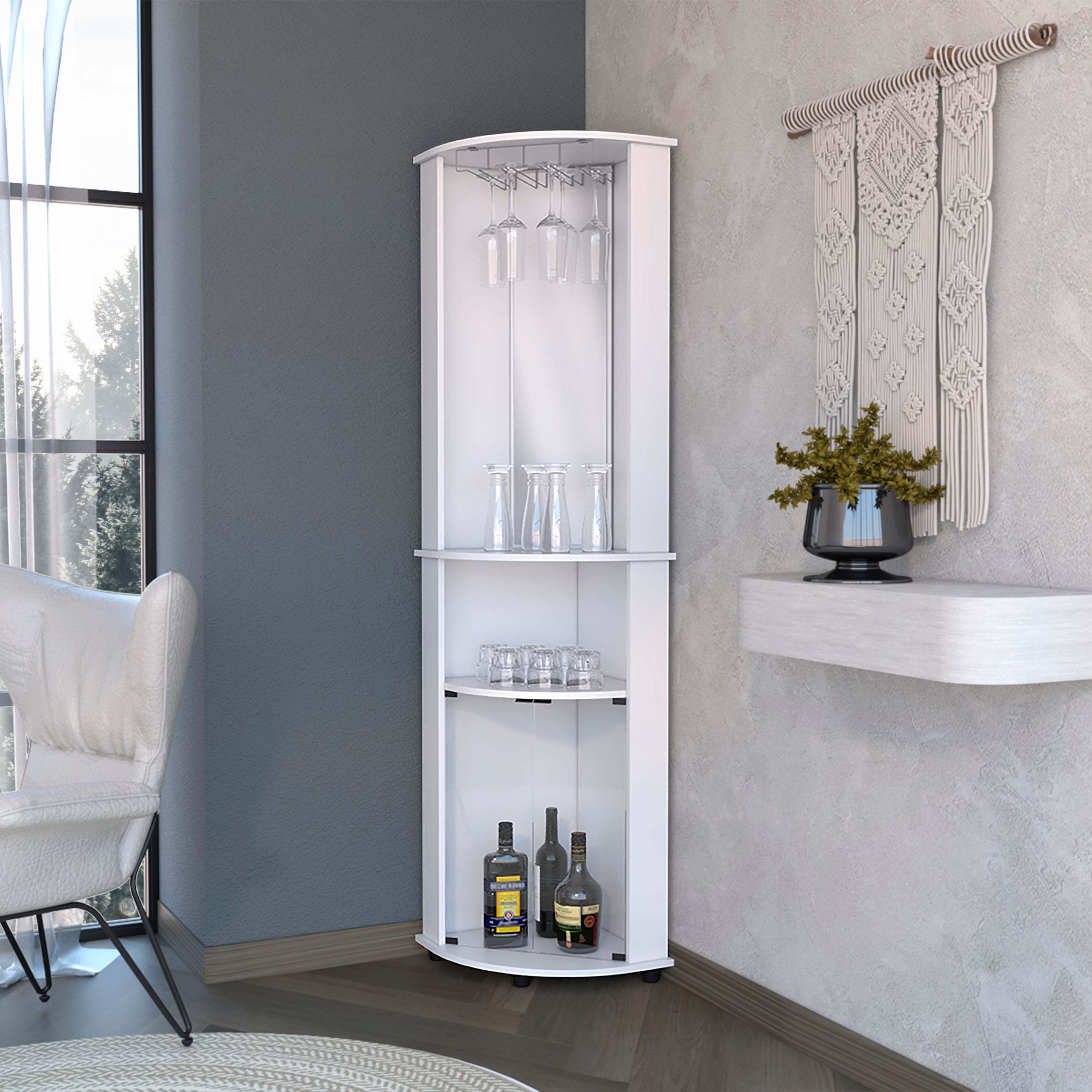 White 3-Tier Shelf Corner Bar Cabinet with Glass Rack