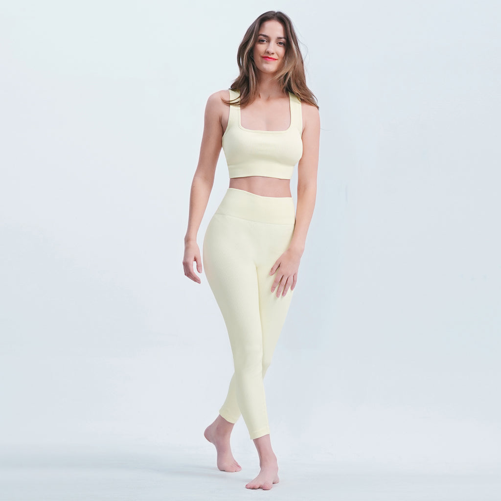 L Size Off-White Yoga Ribbed Knit Crisscross Back Crop Sports Removable Cups, Cute Gym Wear Seamless Sports Bra Exercise Activewear Workout Women's Yoga Pants Leggings Ribbed Solid High-Waisted