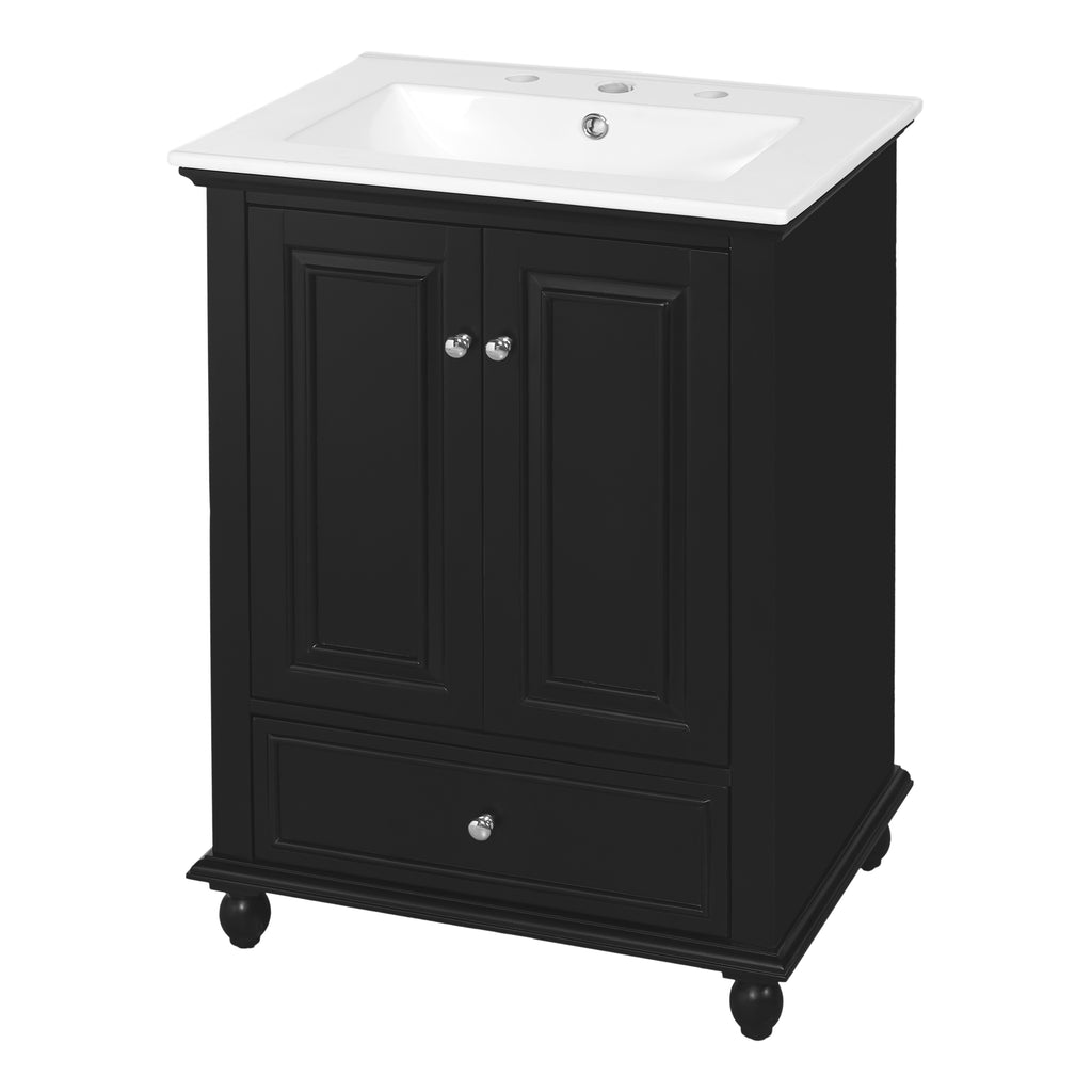 Black Modern Bathroom Vanity with Ceramic Sink, Cabinet with Drawer and Dividers, 24'' Rectangular Storage Unit