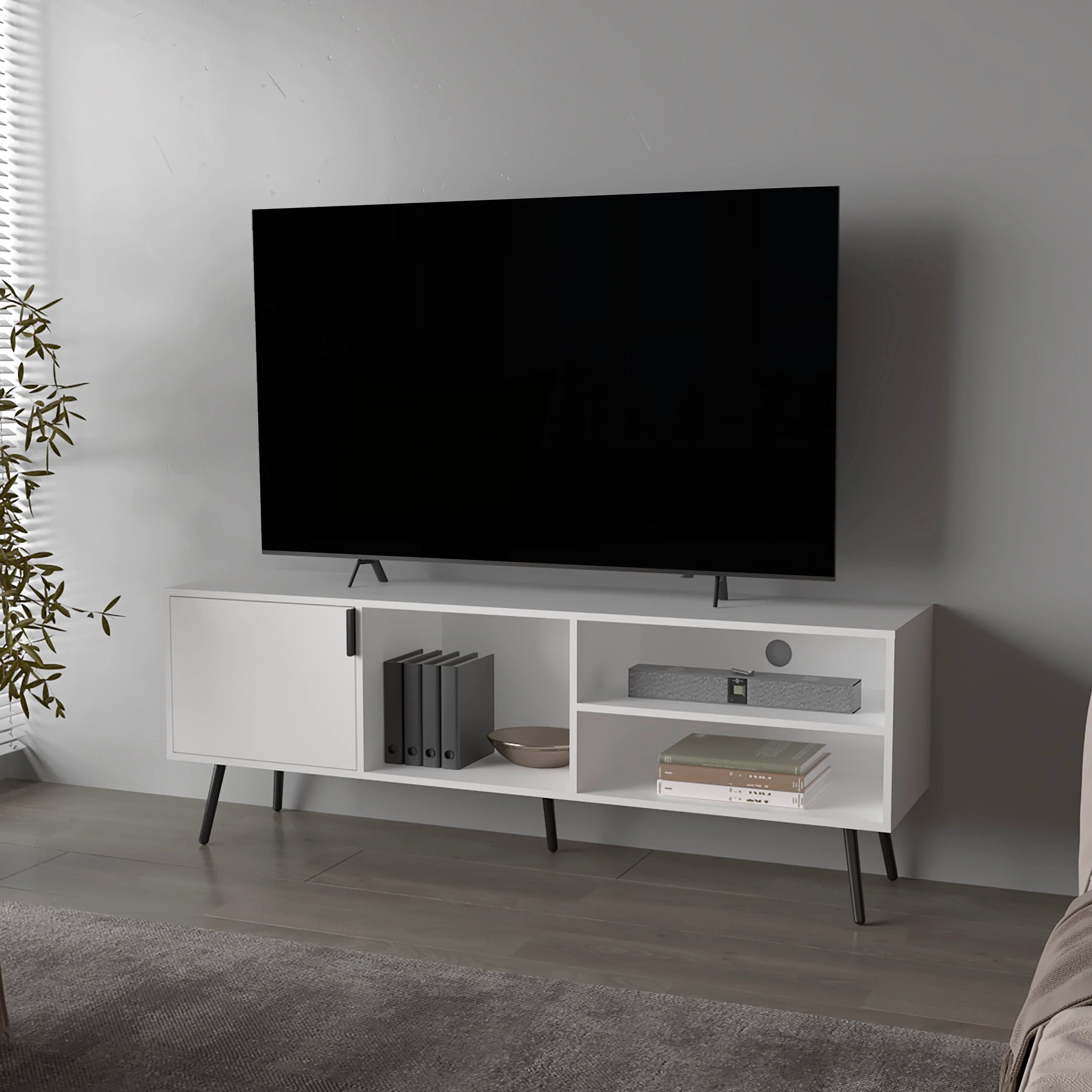 White TV Stand Multistorage with a Door and Open Storage